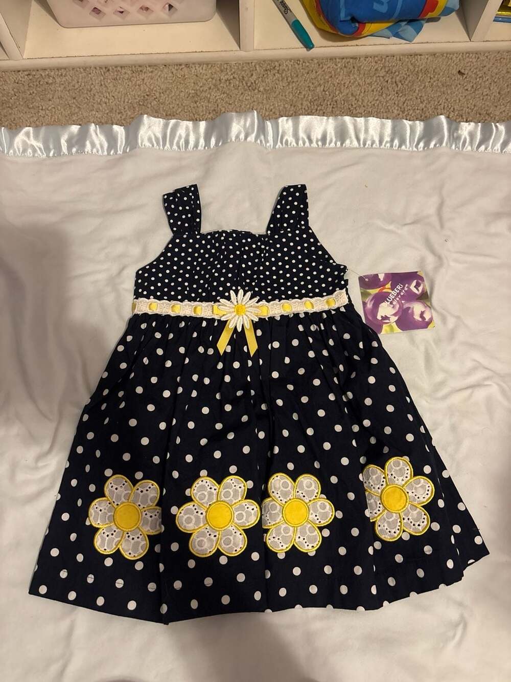 Blueberi Boulevard Navy Polka Dot Daisy Dress Size 2T